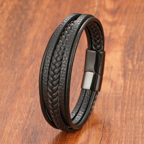 Lederarmband Herren |  geflochtenes Leder Armband in Schwarz |  Magnetverschluss aus Edelstahl | Geburtstagsgeschenk | inklusive Schmuckbox