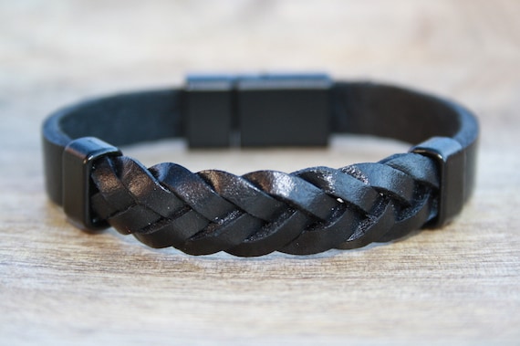 Bracciale Uomo In Cuoio Intrecciato - Nero - Chiusura Acciaio - Foto 3