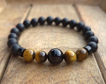 Tigerauge & Onyx Armband-Set Für Damen & Herren - Handgemachtes Perlenarmband Elastisch, Geschenk Für Paare