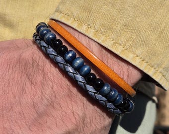 Men's leather bracelet | Braided leather bracelet in blue | Stainless steel magnetic clasp | Birthday gift | Includes jewelry box