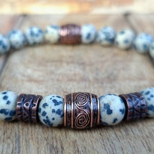 Dalmatian Jasper | Viking Bracelet 8 mm Viking Bracelet | Women&#39;s Men&#39;s Bracelet Vintage Pearl Bracelet Handmade Gift Viking Jewelry