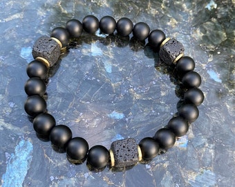 Matt black onyx with cube | Lava Balance Bracelet | Partner Bracelet Men Women | 8 mm Lava Stone Onyx Pearl Bracelet | Yoga Bracelet