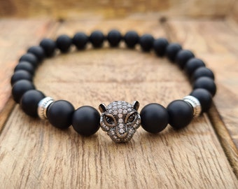 Naturstein Perlenarmband Onyx Black Panther mit Onyx handmade 8mm Armband Löwe Tiger Jaguar Armband Herren Damen Schmuck