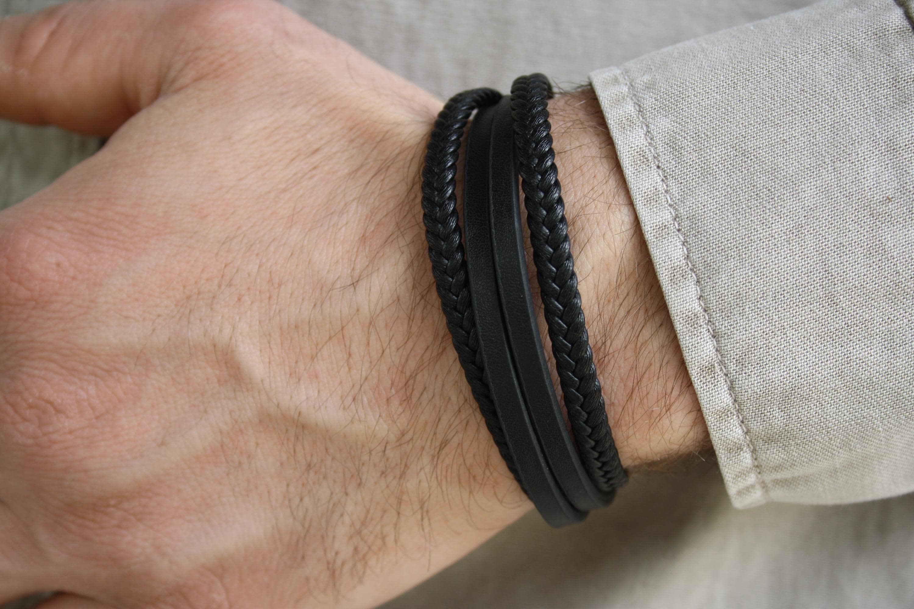 Leather bracelet men | braided leather bracelet in black | stainless steel magnetic clasp | birthday gift | including jewelry box