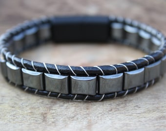 Leather Bracelet Hematite Bracelet | Mens Leather Men Bracelet | with magnetic closure | Handmade Gift Father's Day Christmas Birthday