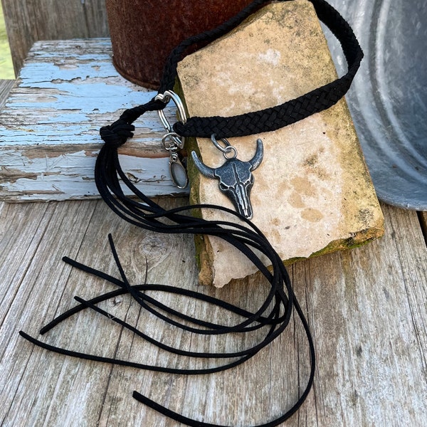 Black Braided Leather Wrist Strap with Silver Cow Skull Accent Pendant