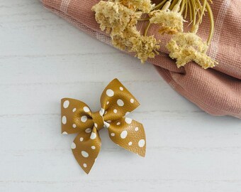 Mustard Faux Leather Baby Bow, White Polka Dot Headband or Clip