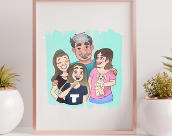 Illustrazione digitale su misura del ritratto del fumetto della famiglia