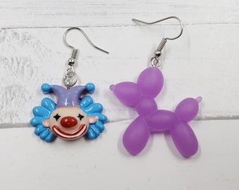 Creepy Clown & Purple Balloon Animal Dangle Earrings