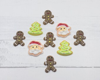 Kawaii 3-D ADORABLE GINGERBREAD MAN Santa Claus Christmas Tree 5PCS Resin Charms Flatback Cabochon