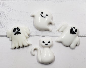Kawaii 3-D HALLOWEEN  White CATS & GHOST Resin Charms Flatback Cabochon, Nail Art, Slime, Decoden