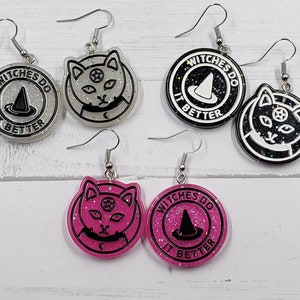 WITCHES Do It BETTER & CAT Glitter Halloween  Dangle Earrings Drop Earrings