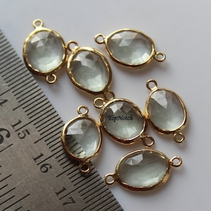 14K Gold Green Amethyst Connectors: Rose Cut Bezel, Double Loop