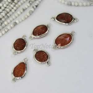 925 Sterling Silver Sunstone RoseCut Free Form Connectors, 4-8MM Double Loop Gemstone Bezel Connectors