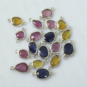 925 Sterling Silver Sapphire RoseCut Free Form Connectors, 4-6MM Double Loop Gemstone Bezel Connectors
