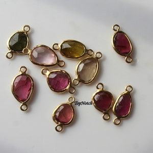 14K Solid Yellow Gold multicolor Tourmaline RoseCut Free Form Connectors, 4-8MM Double Loop Gemstone Bezel Connectors