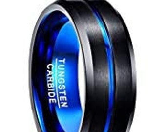 Black Tungsten Brushed Thin Blue Line Wedding Band Ring Personalized Ring