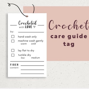 Crochet Care Guide Tag Printable, Crocheted with Love tag, Fiber Care Tags, Instant Download Handmade Tags, Crochet Wash Care Label Card