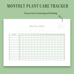 May include: A white plant care tracker with the text "MONTHLY PLANT CARE TRACKER" and "Keep track of watering and feeding". The tracker includes a section to list plants and a grid to track watering and feeding.