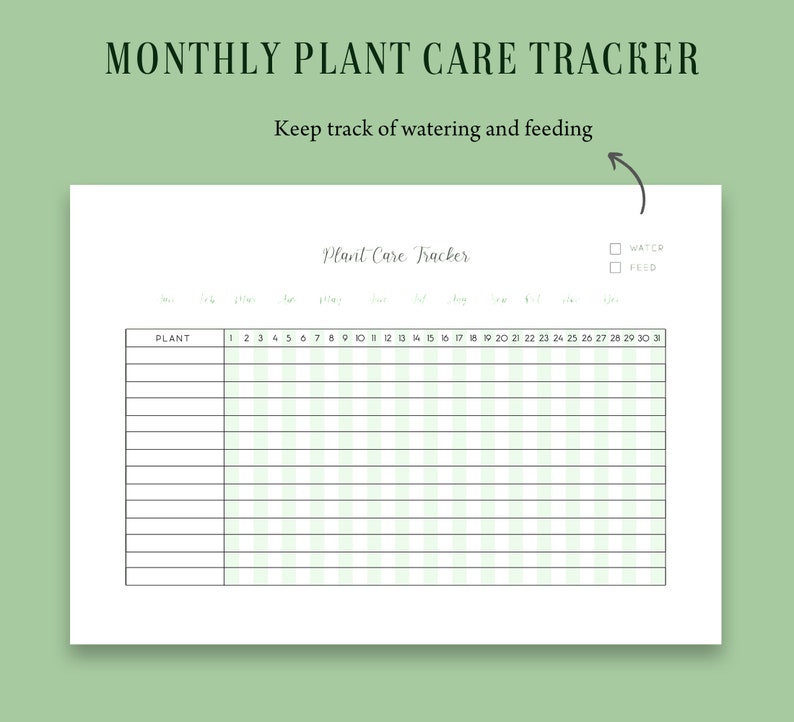May include: A white plant care tracker with the text "MONTHLY PLANT CARE TRACKER" and "Keep track of watering and feeding". The tracker includes a section to list plants and a grid to track watering and feeding.