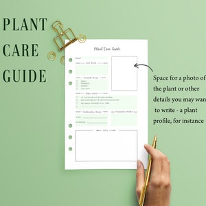 May include: A white plant care guide with green accents, featuring sections for sunlight, water, and fertilization needs. The guide includes the text "PLANT CARE GUIDE" and "Plant Care Guide". A gold pen and binder clips are also visible.