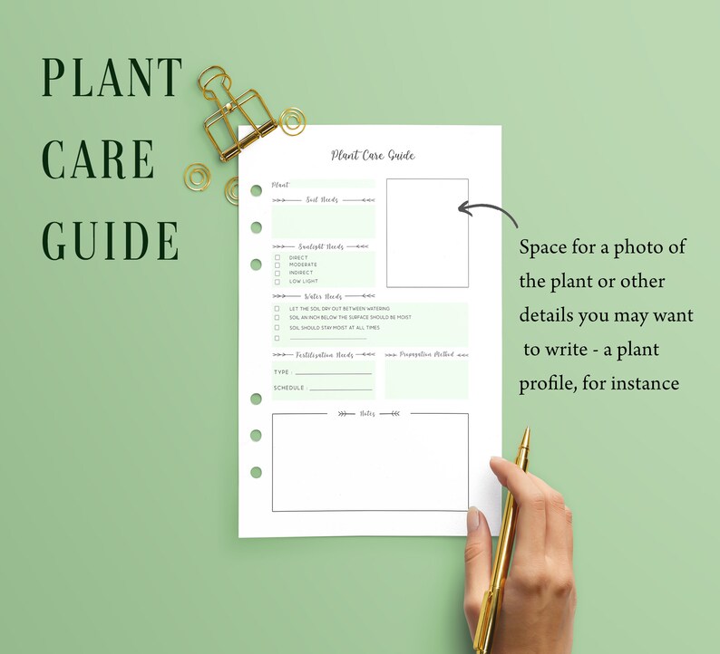 May include: A white plant care guide with green accents, featuring sections for sunlight, water, and fertilization needs. The guide includes the text "PLANT CARE GUIDE" and "Plant Care Guide". A gold pen and binder clips are also visible.