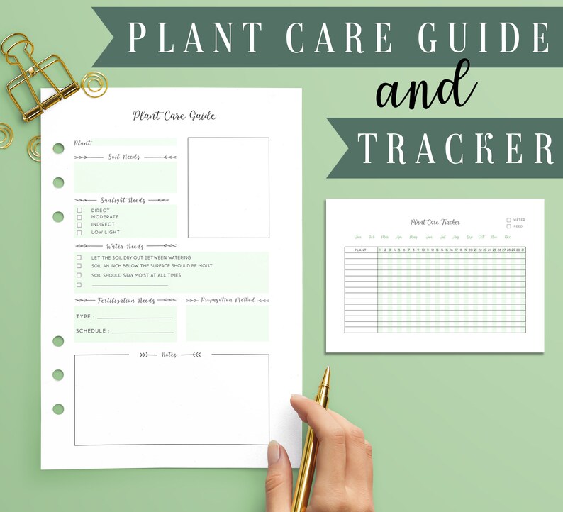 May include: A plant care guide and tracker on white paper with green accents. The guide includes sections for soil, sunlight, and water needs, along with a plant care tracker. The text "PLANT CARE GUIDE and TRACKER" is at the top.
