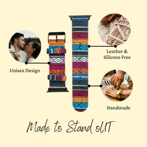 May include: Colorful patterned watch bands with black hardware. The bands feature a geometric design in shades of blue, orange, pink, and white. The text "Made to Stand Out" is displayed at the bottom. The bands are leather and silicone free and handmade.