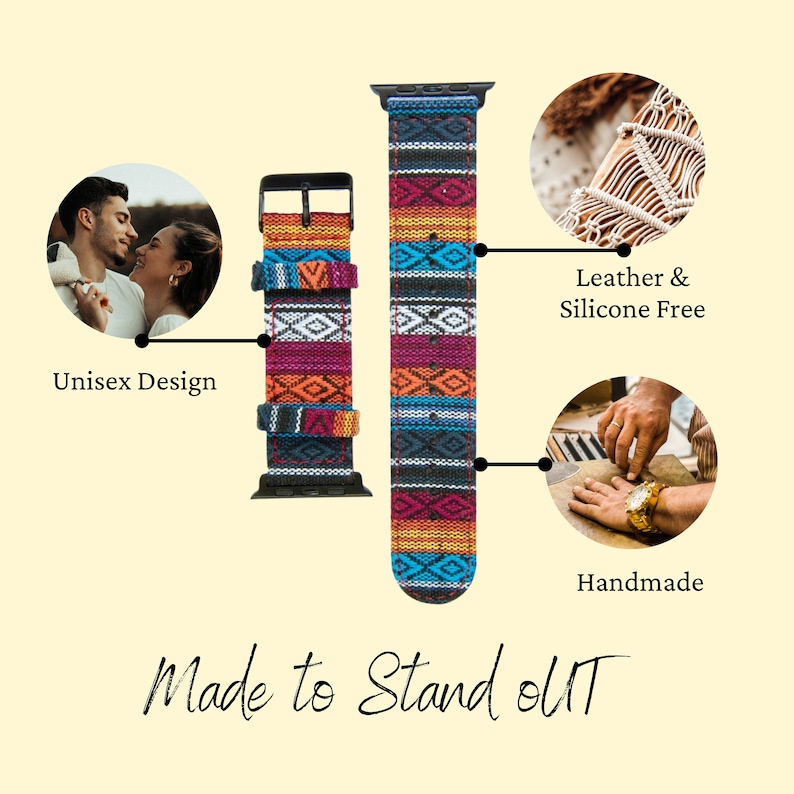 May include: Colorful patterned watch bands with black hardware. The bands feature a geometric design in shades of blue, orange, pink, and white. The text "Made to Stand Out" is displayed at the bottom. The bands are leather and silicone free and handmade.