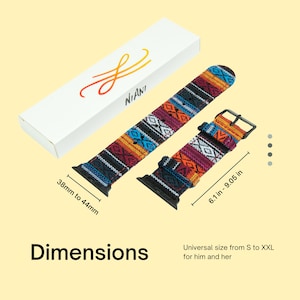 May include: A colorful woven watch band with a black buckle and black connectors. The band features a geometric pattern in shades of blue, orange, red, and purple. The band measures 6.1 to 9.05 inches. The box reads "NIANI".