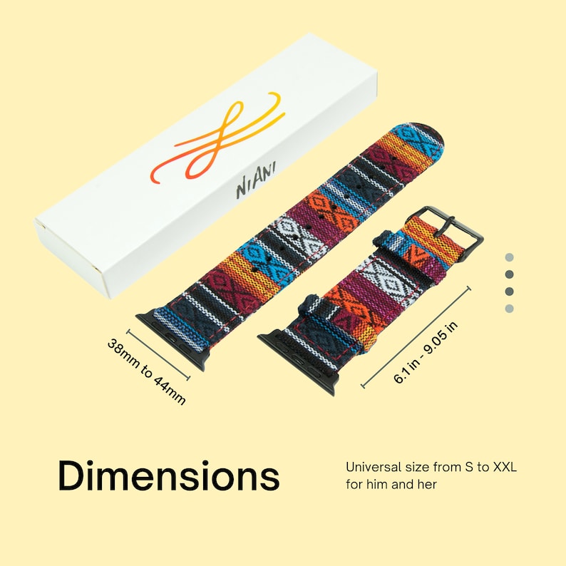 May include: A colorful woven watch band with a black buckle and black connectors. The band features a geometric pattern in shades of blue, orange, red, and purple. The band measures 6.1 to 9.05 inches. The box reads "NIANI".
