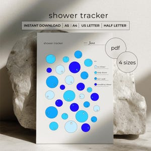 May include: A printable shower tracker with a light gray background. The tracker features blue circles of varying sizes, representing different shower types. Text includes "shower tracker," "June," and "4 sizes."