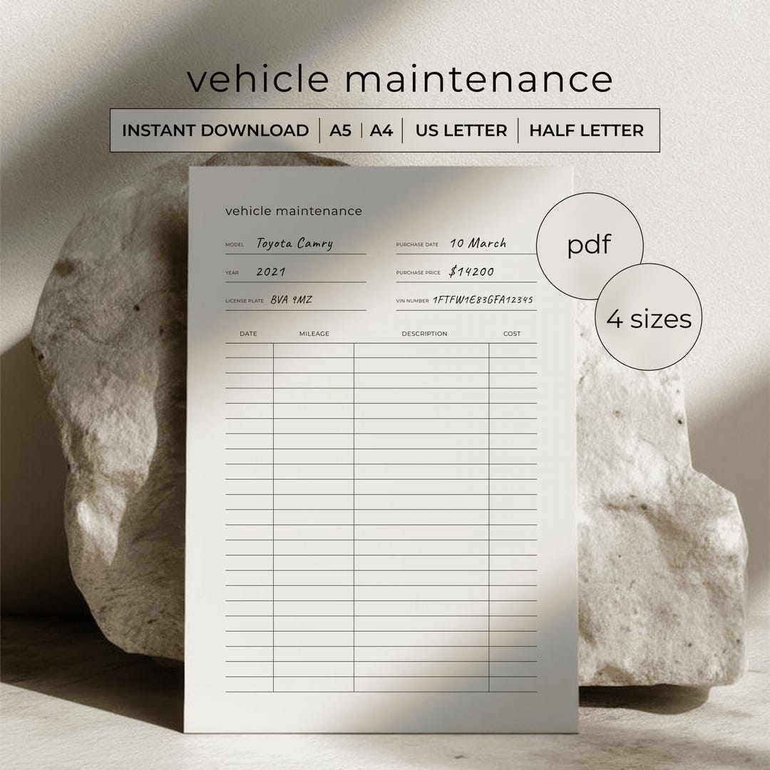 Vehicle Maintenance Log Printable PDF - Car Service Tracker - Mileage ...