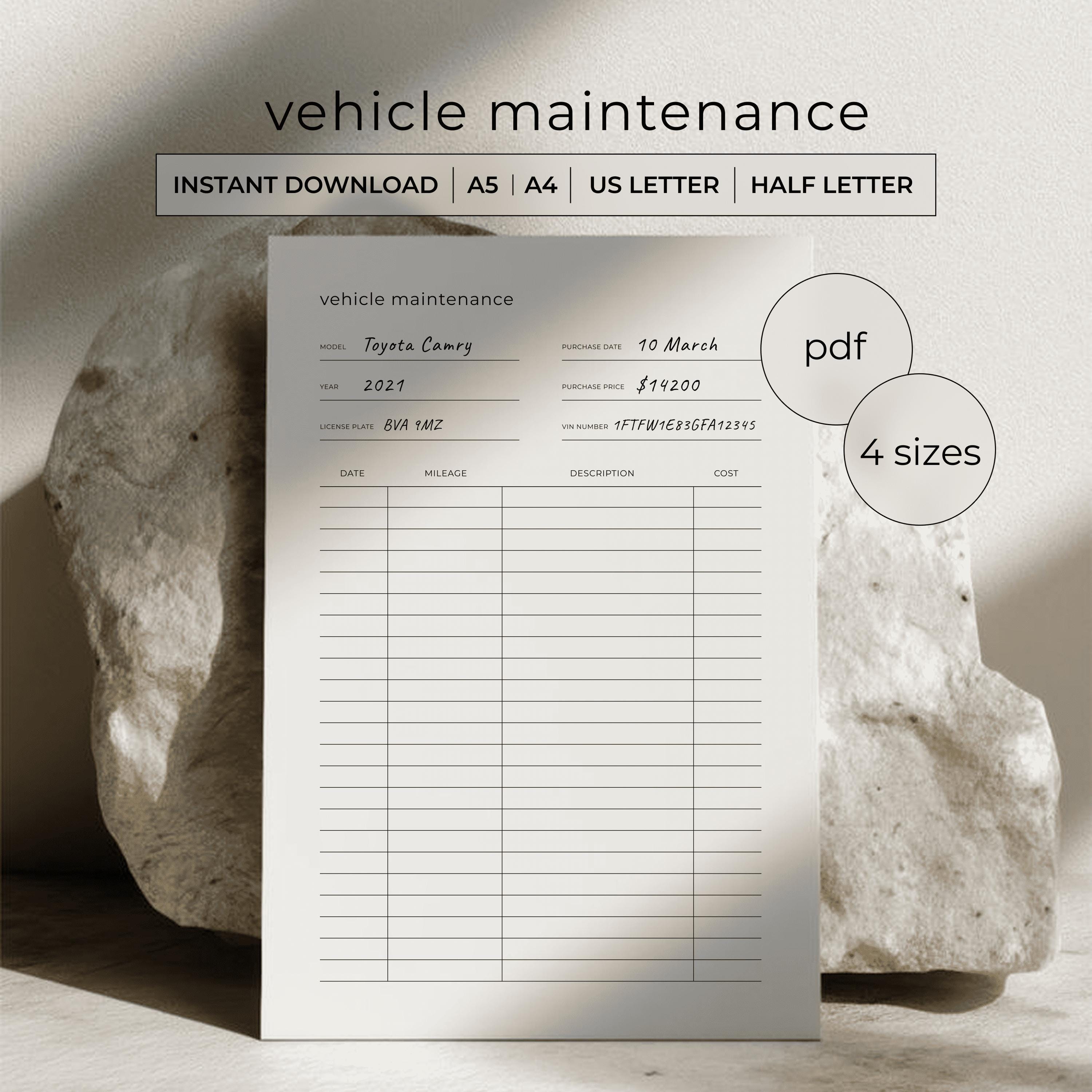 Vehicle Maintenance Log Printable PDF - Car Service Tracker - Mileage ...