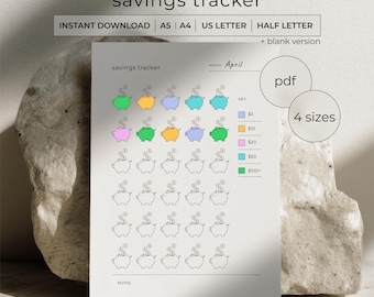 Savings Challenge Tracker Printable PDF - 30 Piggy Bank Color In Progress Log - A4 A5 Letter Half Letter - Instant Download
