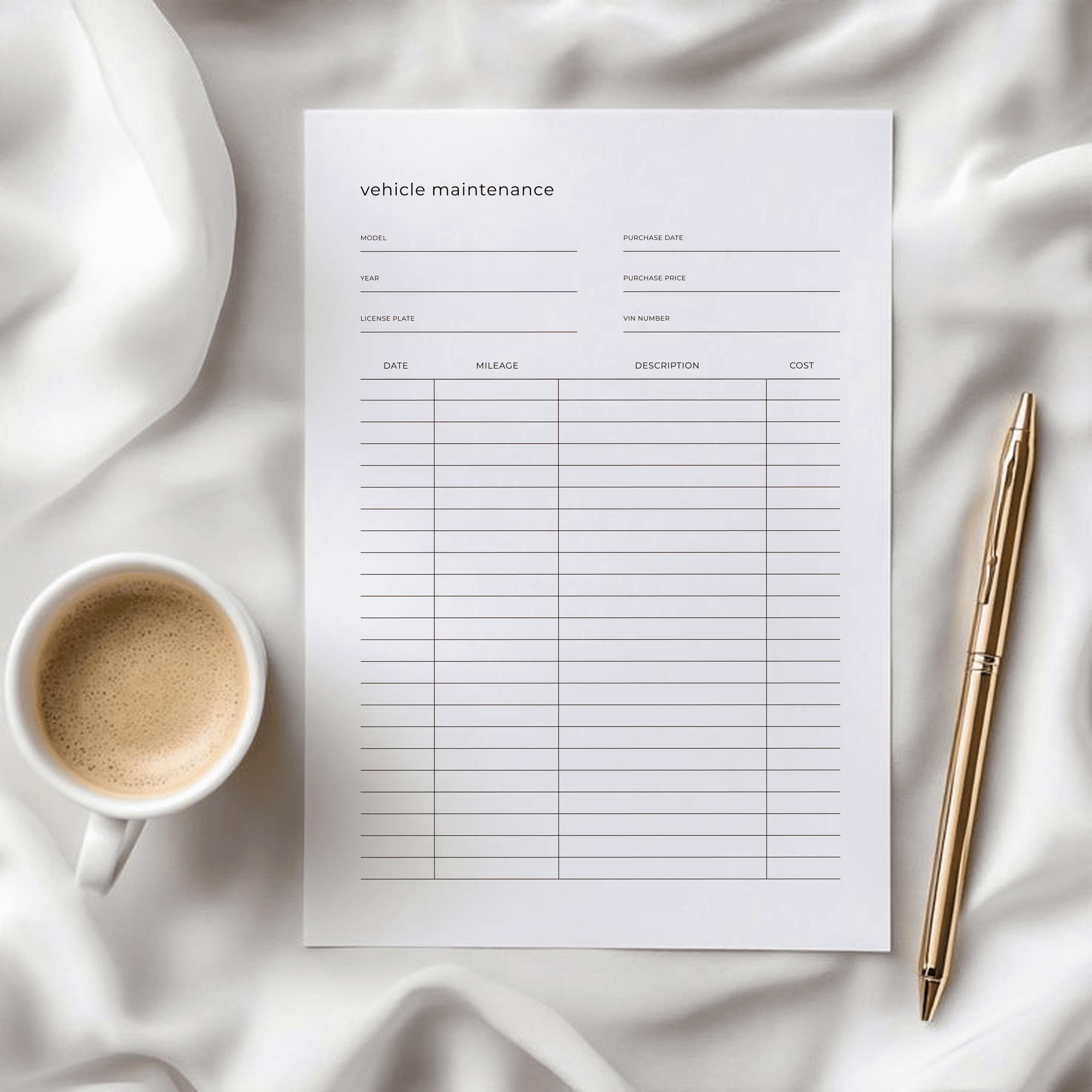 Vehicle Maintenance Log Printable PDF - Car Service Tracker - Mileage ...