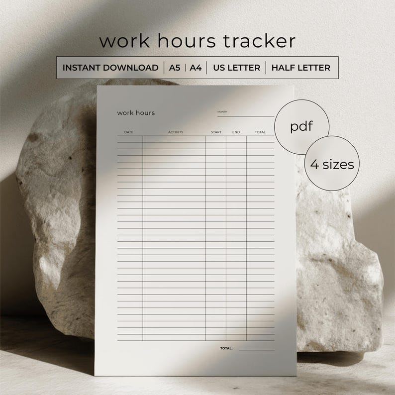 Work Hours Log Printable PDF - Time Sheet Tracker - Freelance Hours ...