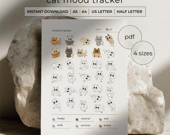 Registro de estado de ánimo de gatos imprimible en PDF - Colorea el registro de estado de ánimo de los gatos - Lindo diario de estado de ánimo diario - A4 A5 Carta Media Carta - Descarga instantánea