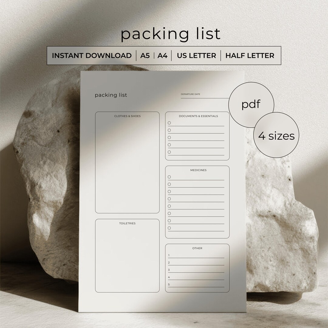Packing List Printable PDF - Travel Checklist - Minimalist Planner Page ...