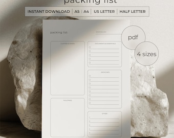 Packing List Printable PDF - Travel Checklist - Minimalist Planner Page - A4 A5 Letter Half Letter - Instant Download