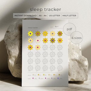 Op de afbeelding: Een afdrukbare slaaptracker voor april, met een bloemenontwerp. De tracker gebruikt bloemillustraties om de slaapkwaliteit en -duur te registreren. Tekst bevat "sleep tracker", "DIRECT DOWNLOADEN" en "4 maten".