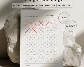 No Sugar Challenge Tracker Printable PDF - 30 Day Sugar Free Log - Daily Habit Planner - A4 A5 Letter Half Letter - Instant Download