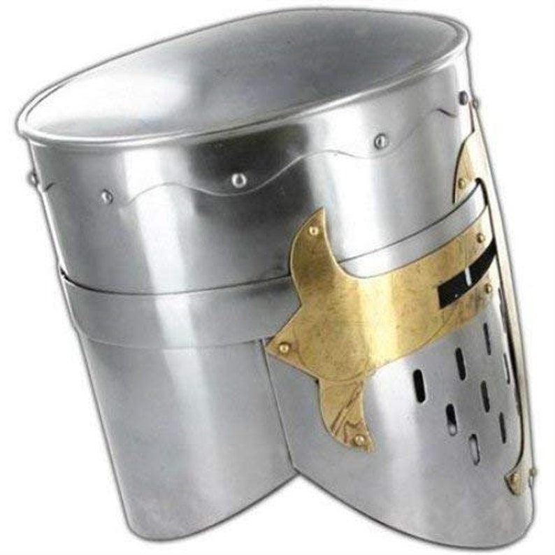 thumbnail image 2 of Szco Brass Crusader Helmet - 18 Gauge Steel, Medieval Replica, Adult Size 2 of 11