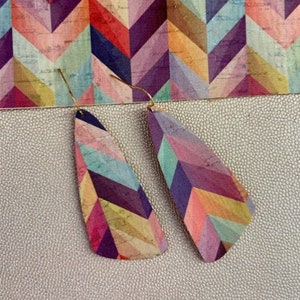 Rainbow Chevron Print Portuguese Cork Earrings. Comfy, Lightweight, Vegan Jewellery. Handmade in Yorkshire by House of Amoret