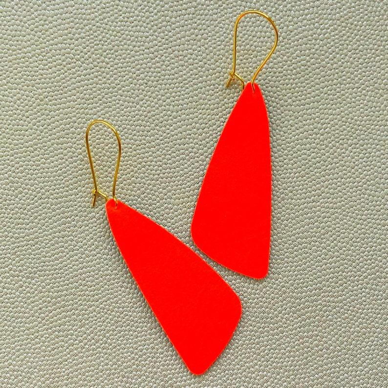 Eco Friendly and Zero Waste Reclaimed Leather Made in Yorkshire by House of Amoret Upcycled Handmade Leather Earrings in Neon Orange