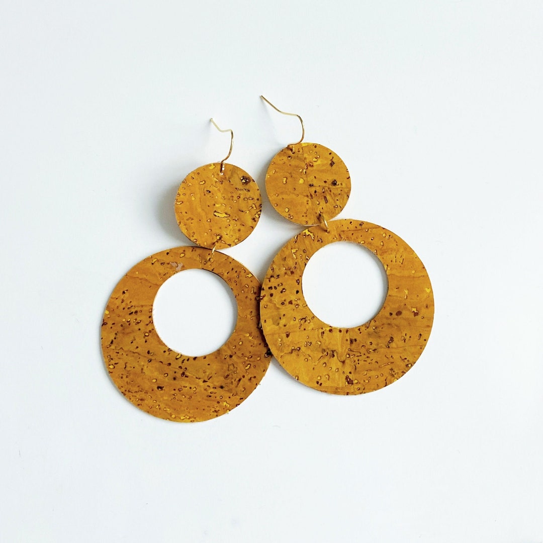 Yellow Cork Statement Earrings. Large Lightweight Circle Earrings