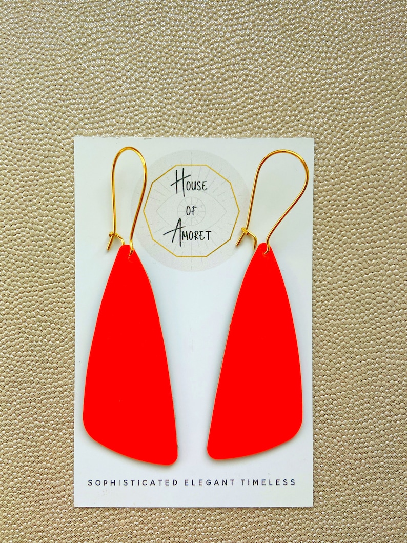 Eco Friendly and Zero Waste Reclaimed Leather Made in Yorkshire by House of Amoret Upcycled Handmade Leather Earrings in Neon Orange