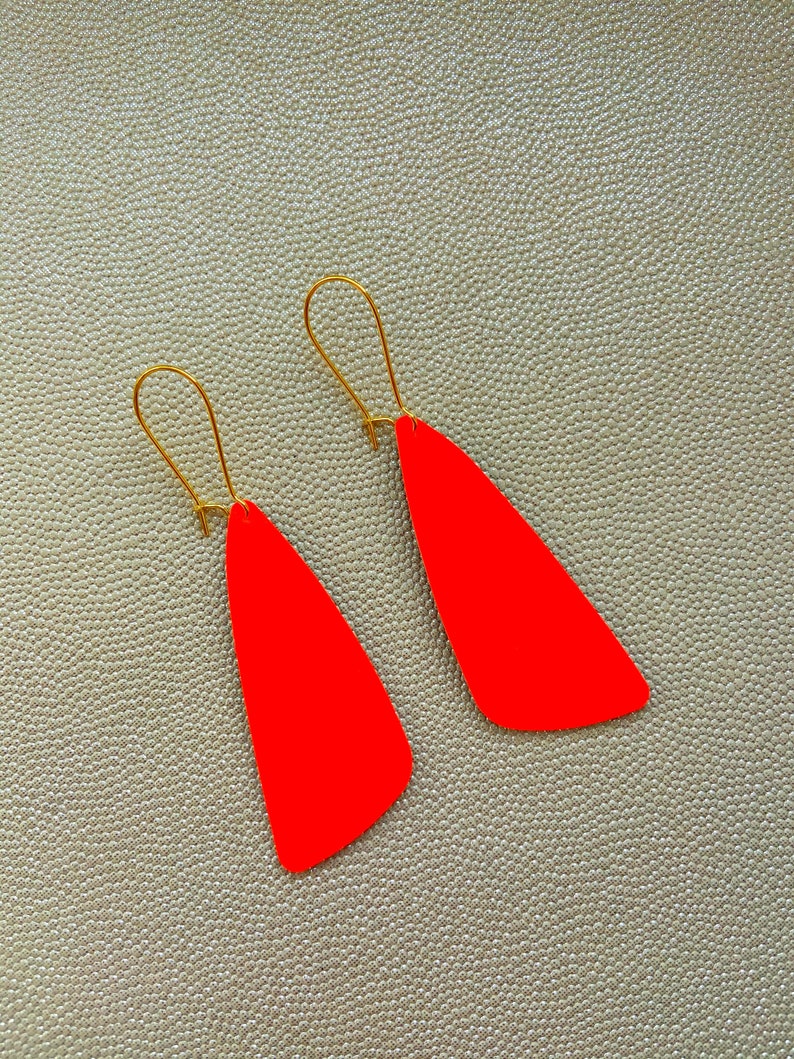 Eco Friendly and Zero Waste Reclaimed Leather Made in Yorkshire by House of Amoret Upcycled Handmade Leather Earrings in Neon Orange