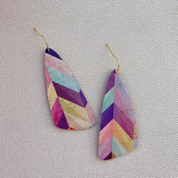 Rainbow Pastel Chevron Print Portuguese Cork Earrings. Comfy, Lightweight, Vegan Jewellery. Handmade in Yorkshire by House of Amoret