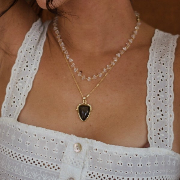 14K Gold-Filled Black Onyx, Crystal Chain Charm Necklace (The Daily Protector) Black Onyx Jewelry, Crystal Necklace, Cleopatra Necklace